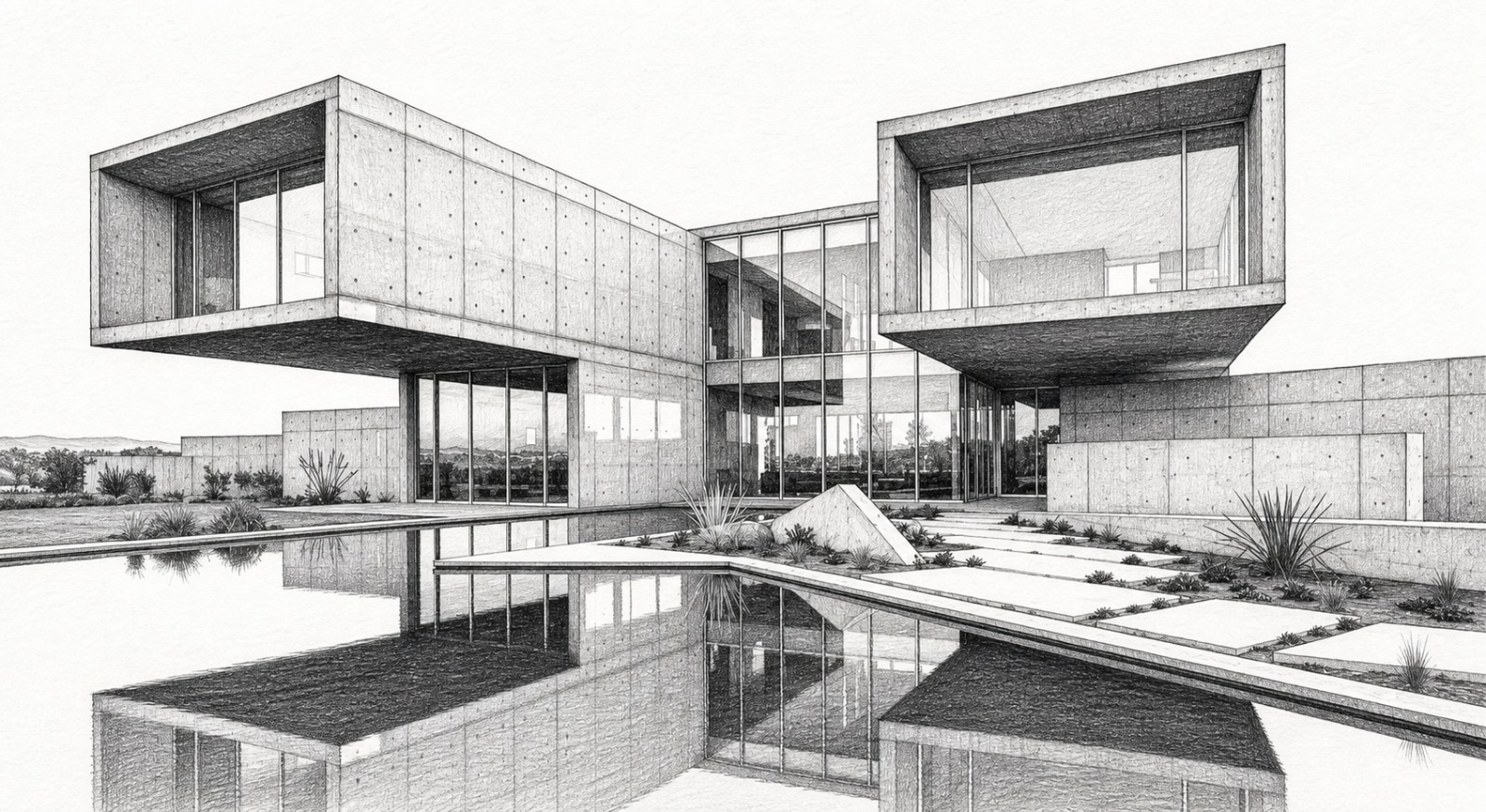 Monochrome architectural sketch of a modernist concrete and glass house with cantilevered volumes over a reflecting pool